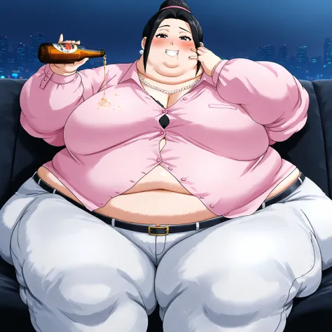 (masterpiece, best quality, ultra-detailed, anime style, official style, 1girl, solo, looking at viewer, sitting, relaxed,  ch1ch1, black eyes, black hair, party outfit, alternate sidelocks, hair bun, single hair bun, shirt, pink shirt, collared shirt, lon...