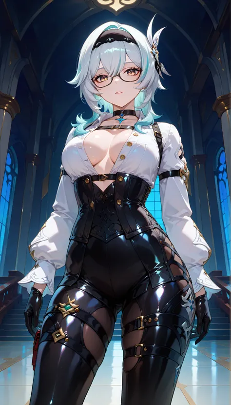 ((dark filter)), BREAK EulasDxL,a woman, Alone, standing, pose sexy, looking at the spectator, seductive expression, eyeglasses, hair ornament, medium length, Gloves, Chest Harness , long sleeves white, ((cabello azul)), yellow eyes, headband, medium h...