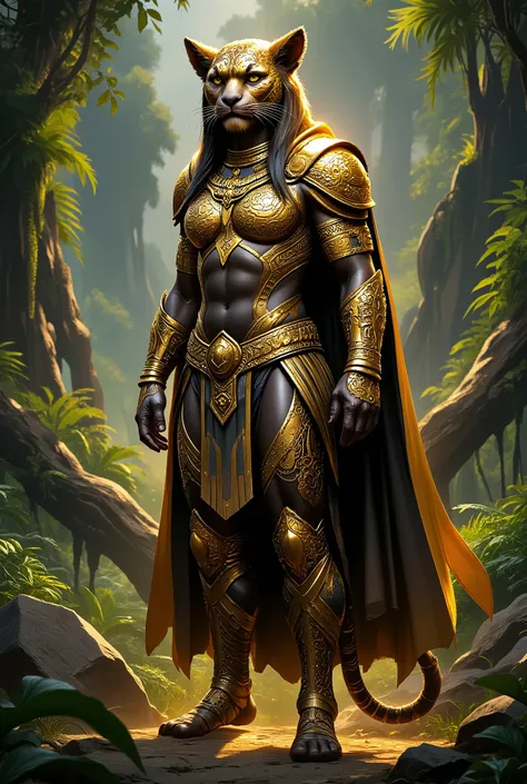 anthropomorphic female jaguar aztec warrior, standing in the jungle, wearing a cape, golden outlines, highly detailed, intricate motifs, organic tracery, perfect composition, digital painting, artstation, concept art, smooth, sharp focus, illustration, Car...