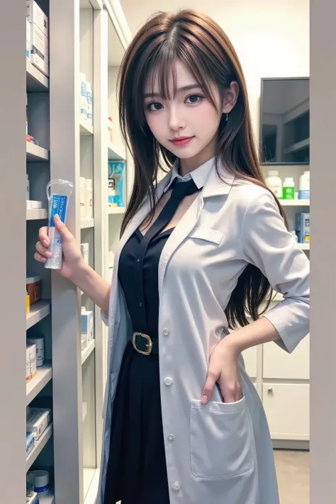美少女 in a pharmacy store with a medicine cabinet, doctor, Wearing a white coat, pharmacy, I'm wearing a white coat and black blouse, Package that says Slender Style 4K, moe art style, (doctor), nurse girl, Belted Tight Waist, Perfect body line, (detailed ha...