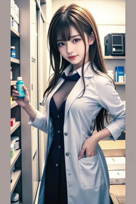 美少女 in a pharmacy store with a medicine cabinet, doctor, Wearing a white coat, pharmacy, I'm wearing a white coat and black blouse, Package that says Slender Style 4K, moe art style, (doctor), nurse girl, Belted Tight Waist, Perfect body line, (detailed ha...