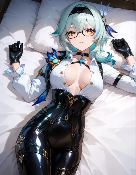 ((dark filter)), BREAK EulasDxL,a woman, Alone, lying in bed, seen from above, looking at the spectator, seductive expression, eyeglasses, hair ornament, medium length, Gloves, Chest Harness , long sleeves white, ((cabello azul)), yellow eyes, headband,...