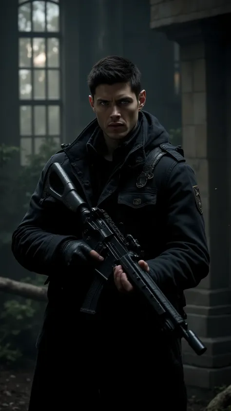 (masterpiece:1.2), (best quality:1.2), 8k, HDR, ultra detailed, ((photorealistic)), professional light, cinematic lighting, fashion photography, ambient lighting, background, a dark modern mansion, Darkness, epiCPhoto, moon light windows,  A militar soldie...