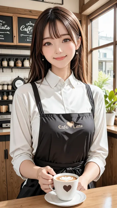 A young gal barista working at an urban cafe。  
Barista in a white shirt and a black apron、holding out a cafe latte with a smile。  
A heart-shaped latte art on the surface of the cup。  
The moment you exchange gaze with a customer、and feel an unexpected cr...