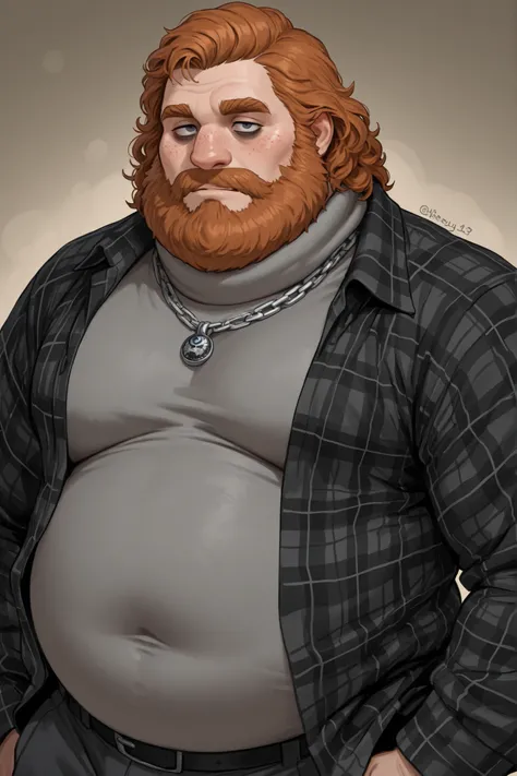   upper body portrait older 40 year old chubby trans man. Hes short in size and chubby with a doughy belly and wide high set hips and softening moobs. He has a fat and round face with long ginger beard with greying roots as hes aging. He has freckles and d...