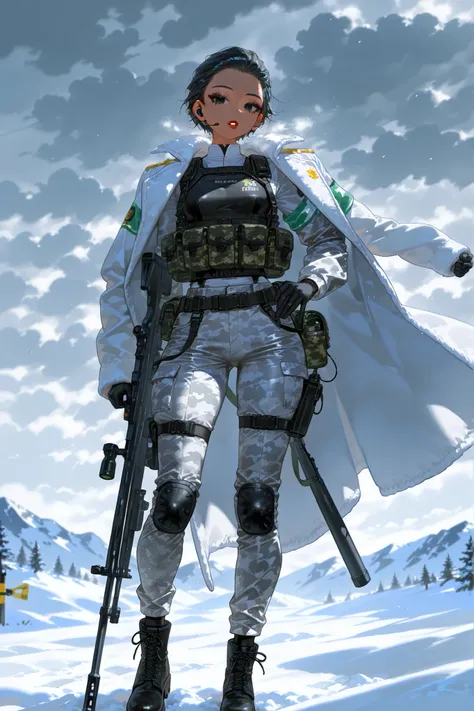 (Black hair, hud_sle3kbun, short hair, hair slicked back,) The woman is a Military paramedic. She has slim build, small breasts, narrow hips. She has dark tanned skin. She has jet-black short wavy hair slicked back. She has black eyes. She has red lipstick...