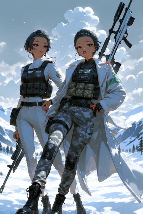 (Black hair, hud_sle3kbun, short hair, hair slicked back,) The woman is a Military paramedic. She has slim build, small breasts, narrow hips. She has dark tanned skin. She has jet-black short wavy hair slicked back. She has black eyes. She has red lipstick...