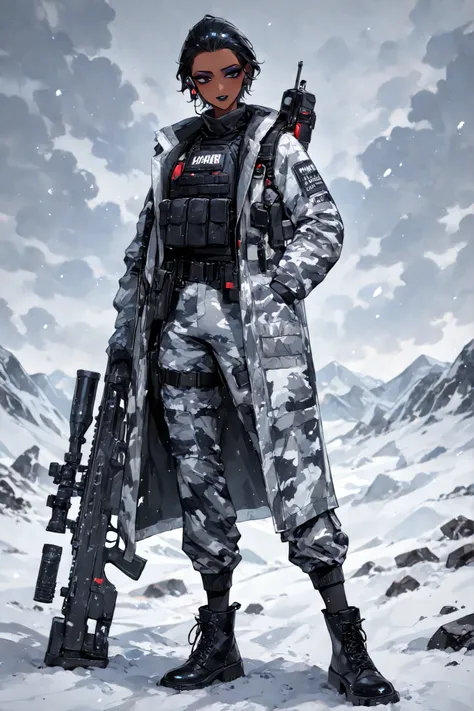 (Black hair, hud_sle3kbun, short hair, hair slicked back,xxx667_illu,) The woman is a Military paramedic. She has slim build, small breasts, narrow hips. She has dark tanned skin. She has jet-black short wavy hair slicked back. She has black eyes. She has ...