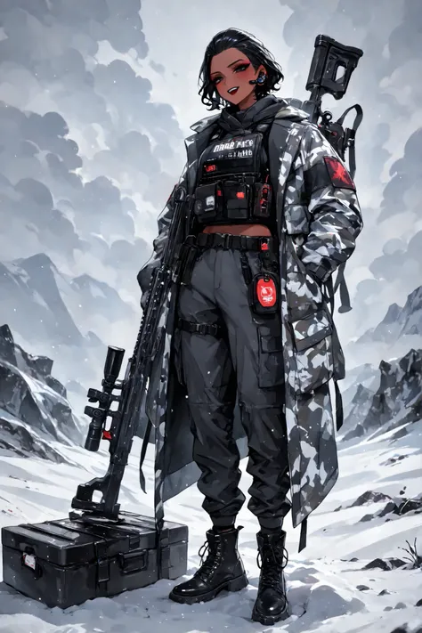 (Black hair, hud_sle3kbun, short hair, hair slicked back,xxx667_illu,) The woman is a Military paramedic. She has slim build, small breasts, narrow hips. She has dark tanned skin. She has jet-black short wavy hair slicked back. She has black eyes. She has ...