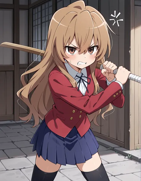 tagai, solo, Taiga Aisaka,1girl, school uniform, light brown hair, long hair, long hair, brown eyes, red jacket, blue skirt,pleated_skirt, black thighhighs,, holding wooden sword, anger, aggressive, bad mood