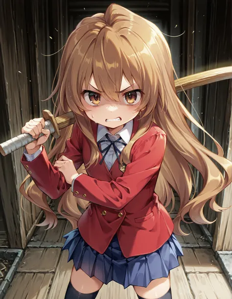 tagai, solo, Taiga Aisaka,1girl, school uniform, light brown hair, long hair, long hair, brown eyes, red jacket, blue skirt,pleated_skirt, black thighhighs,, holding wooden sword, anger, aggressive, bad mood