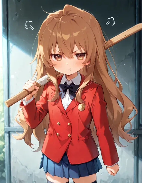 tagai, solo, Taiga Aisaka,1girl, school uniform, light brown hair, long hair, long hair, brown eyes, red jacket, blue skirt,pleated_skirt, black thighhighs,, holding wooden sword, anger, aggressive, bad mood