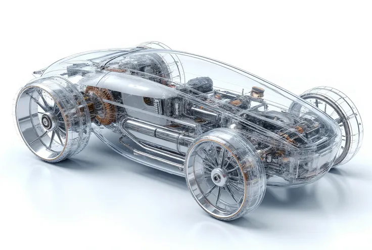 A hyper-realistic, 8K HD photorealistic full-view close-up image of a futuristic mechanical [OBJECT]. It is crafted completely from transparent hard plastic, shaped exactly like its real-world form, with no missing parts. Every section is consistently mech...