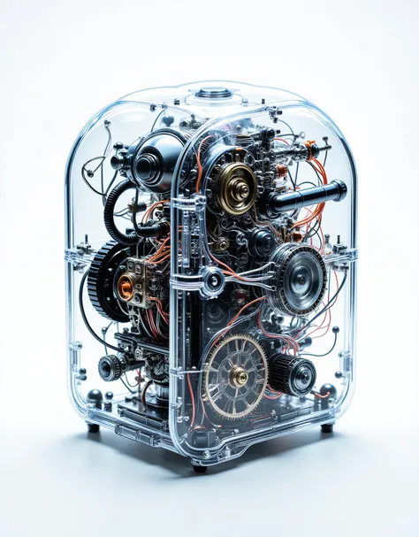 A hyper-realistic, 8K HD photorealistic full-view close-up image of a futuristic mechanical [OBJECT]. It is crafted completely from transparent hard plastic, shaped exactly like its real-world form, with no missing parts. Every section is consistently mech...