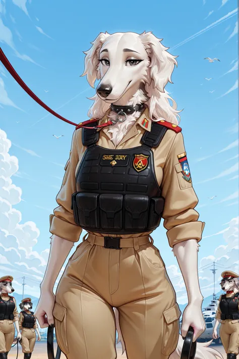 (borzoi_anthro),(masterpiece, detailed:1.2),Girl are anthropomorphic furry Russian wolfhound dog. She has slim bodytype. She has ivory white fur skin. She has short frizzy ivory white hair. She has black eyes. She are dressed in army uniform, trousers, a j...