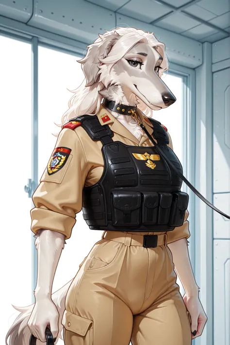 (borzoi_anthro),(masterpiece, detailed:1.2),Girl are anthropomorphic furry Russian wolfhound dog. She has slim bodytype. She has ivory white fur skin. She has short frizzy ivory white hair. She has black eyes. She are dressed in army uniform, trousers, a j...