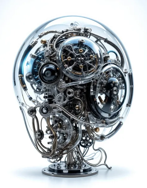A hyper-realistic, 8K HD photorealistic full-view close-up image of a futuristic mechanical [OBJECT]. It is crafted completely from transparent hard plastic, shaped exactly like its real-world form, with no missing parts. Every section is consistently mech...