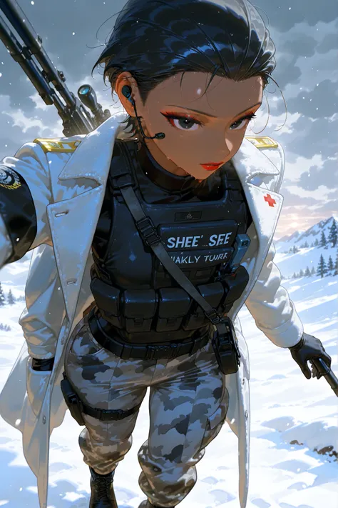 (Portrait close-up on the face, high quality, high detail)(Black hair, hud_sle3kbun, short hair, hair slicked back,) The woman is a Military paramedic. She has slim build, small breasts, narrow hips. She has dark tanned skin. She has jet-black short wavy h...