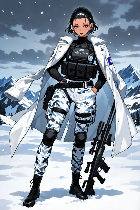 (Black hair, hud_sle3kbun, short hair, hair slicked back,xxx667_illu,) The woman is a Military paramedic. She has slim build, small breasts, narrow hips. She has dark tanned skin. She has jet-black short wavy hair slicked back. She has black eyes. She has ...