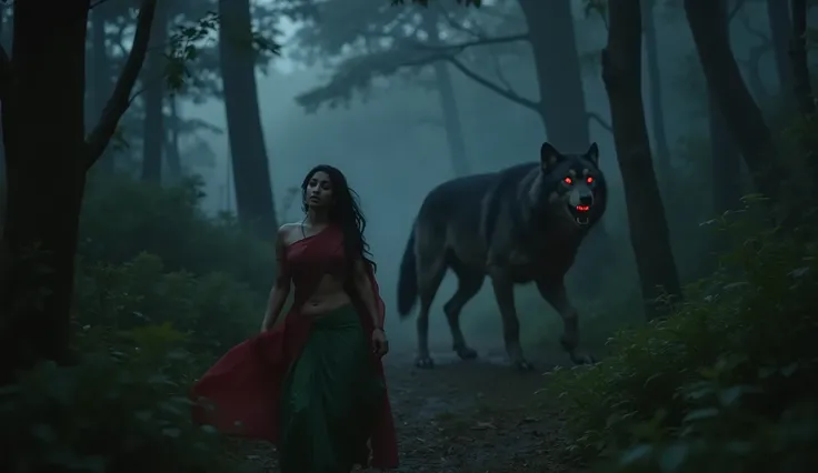 "A beautiful 25-year-old Indian woman wearing a saree runs terrified through a dark dense forest at night. Heavy mist covers the ground, moonlight barely piercing through the tall trees. Her saree gets caught in branches as she stumbles, breathing heavily,...