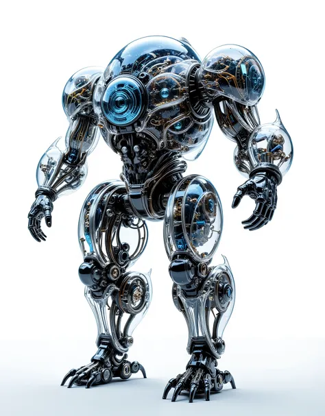 A hyper-realistic, 8K HD photorealistic full-view close-up image of a futuristic mechanical [OBJECT]. It is crafted completely from transparent hard plastic, shaped exactly like its real-world form, with no missing parts. Every section is consistently mech...