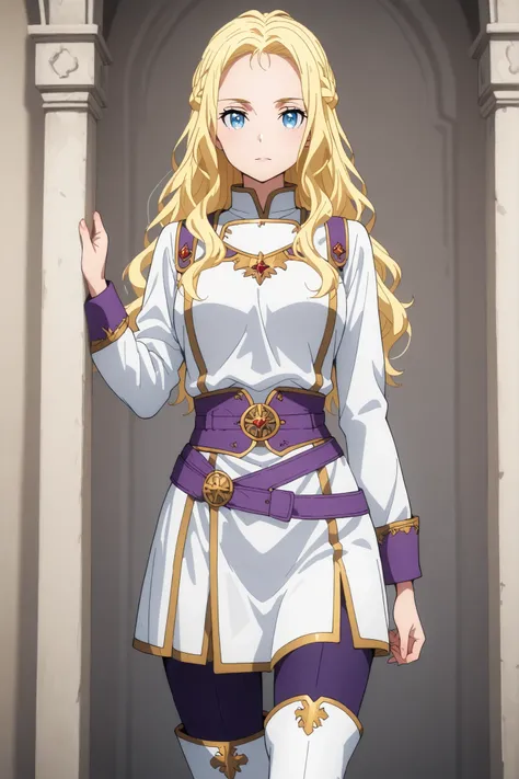 solo, ushio kofune, long hair, wavy hair, blond hair, braid, blue eyes, in a castle, rpg style, medieval princess, white medieval tunic, white top, white thigh boots, purple tight pants, purple belt, outfit with gold trim, fantasy style, perfect eyes, perf...