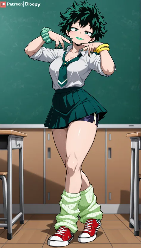 ((Highest Quality)), ((Classroom background)), (My Hero Academia Style), (by day), 1female, female, medium Breast, thighs, hips, thick shins, solo, Athletic body, tall, standing, (Full Body), Midoriya Izuku, gender bender, half-closed eyes, green eyes, ver...