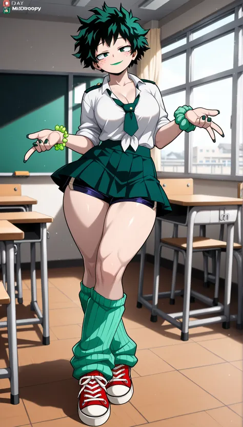 ((Highest Quality)), ((Classroom background)), (My Hero Academia Style), (by day), 1female, female, medium Breast, thighs, hips, thick shins, solo, Athletic body, tall, standing, (Full Body), Midoriya Izuku, gender bender, half-closed eyes, green eyes, ver...