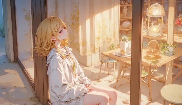 "Cute anime girl, upper body, sitting by a café window with candy jars glowing in the background, cozy jazz mood, candlelight reflection, autumn evening"
