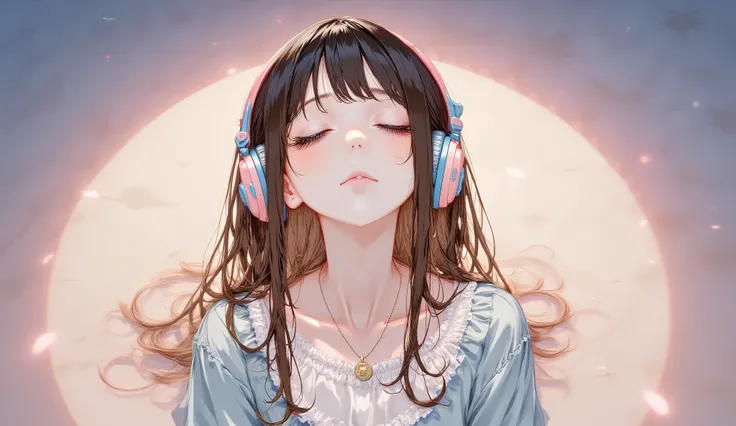 "Anime girl, upper body, eyes closed, listening to music with vintage headphones, surrounded by softly glowing candy-colored lights, calm dreamy Halloween night atmosphere"