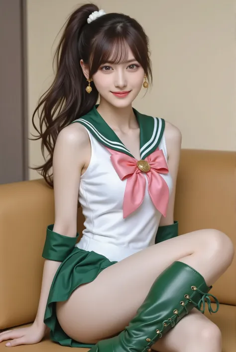 photorealistic cosplay photo, Japanese gravure style,
a tall and athletic Japanese idol-style young woman cosplaying as Sailor Jupiter from Sailor Moon,
bust-up or three-quarter portrait,
long brown hair tied in a high ponytail with bobbles, bangs frami...