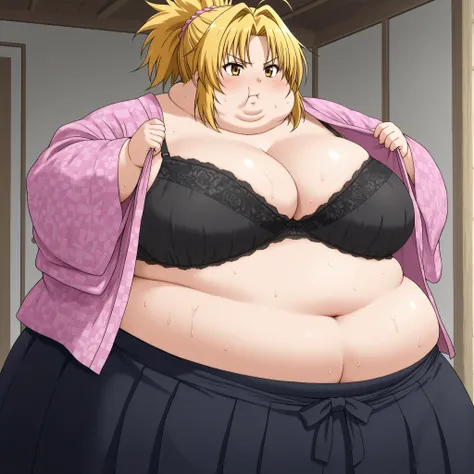 nobuna oda, blonde hair, medium breasts, yellow eyes, hair intakes, parted bangs,, cleavage, underwear, japanese clothes, open clothes, kimono, bra, lingerie, black bra, open kimono, hakama, black hakama, ponytail, ,  fat, chubby, obese, gigantic arms and ...