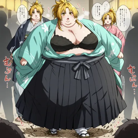 nobuna oda, blonde hair, medium breasts, yellow eyes, hair intakes, parted bangs,, cleavage, underwear, japanese clothes, open clothes, kimono, bra, lingerie, black bra, open kimono, hakama, black hakama, ponytail, fat, chubby, obese,, large breasts open m...