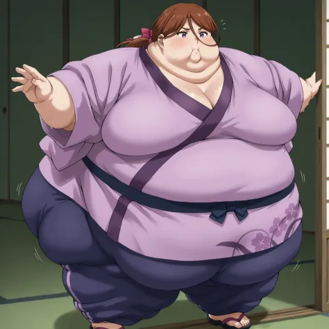 kenshinsatsuki, purple eyes, brown hair, hair between eyes, hair ribbon, long hair, ponytail BREAK
purple kimono, blue sweatpants, sandals, ,  fat, chubby, obese, gigantic arms and legs, large breasts, sweating, wet body, swollen face, Fat_neck , Fat head...