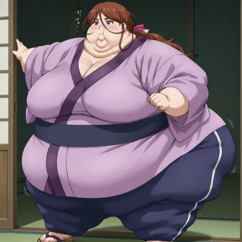  kenshinsatsuki, purple eyes, brown hair, hair between eyes, hair ribbon, long hair, ponytail BREAK
purple kimono, blue sweatpants, sandals, ,  fat, chubby, obese, gigantic arms and legs, large breasts, sweating, wet body, swollen face, Fat_neck , Fat head...