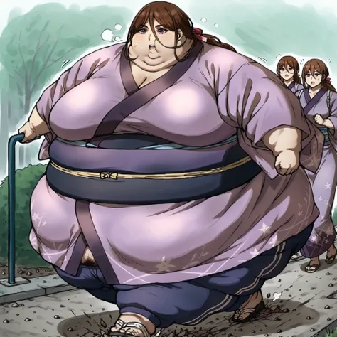 kenshinsatsuki, purple eyes, brown hair, hair between eyes, hair ribbon, long hair, ponytail BREAK
purple kimono, blue sweatpants, sandals, fat, chubby, obese,, large breasts open mouth, out of breath, hairy, pubic hair, walking, ground breaking underneat...