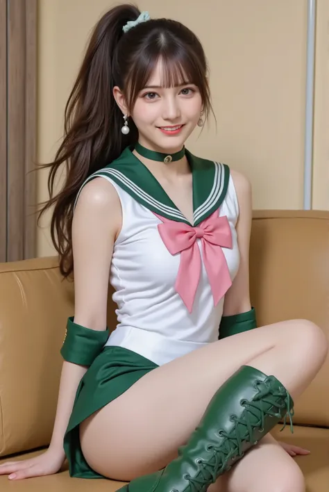 photorealistic cosplay photo, Japanese gravure style,
a tall and athletic Japanese idol-style young woman cosplaying as Sailor Jupiter from Sailor Moon,
bust-up or three-quarter portrait,
Her long brown hair was tied in a high ponytail with a green ribb...