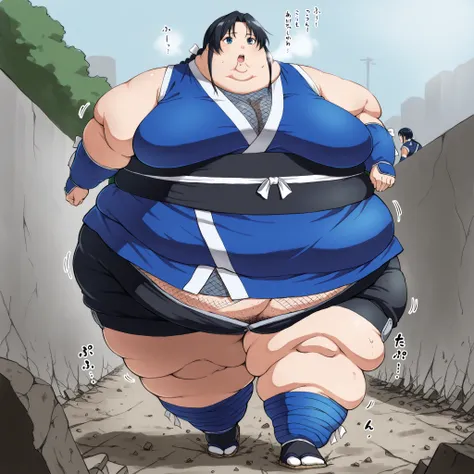 1girl, long hair, black hair, blue eyes, braid, ninja, sleeveless, obi, ribbon, shorts, arm warmers, leg wrap, tabi, sandals, fat, chubby, obese,, large breasts open mouth, out of breath, hairy, pubic hair, walking, ground breaking underneath while walking...