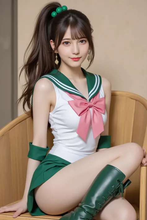 photorealistic cosplay photo, Japanese gravure style,
a tall and athletic Japanese idol-style young woman cosplaying as Sailor Jupiter from Sailor Moon,
bust-up or three-quarter portrait,
long brown hair tied in a high ponytail with green bobbles, bangs...