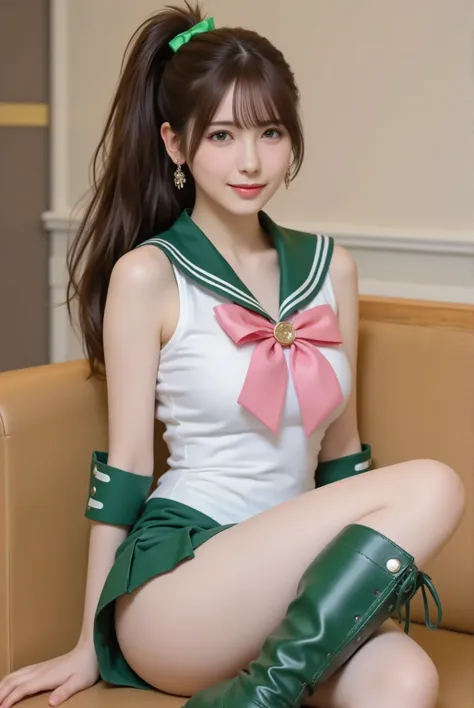 photorealistic cosplay photo, Japanese gravure style,
a tall and athletic Japanese idol-style young woman cosplaying as Sailor Jupiter from Sailor Moon,
bust-up or three-quarter portrait,
Her long brown hair was tied in a high ponytail with a green ribb...