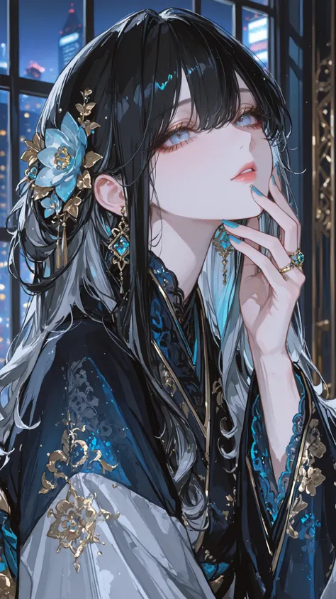 solo girl, (blue gray eyes), (black long hair), (blue gradient highlight), Wavy Curl, One-sided knitting, gem earrings,  flower hair accessory peeking through the gaps in her hair , ring, Blue Nail Polish, cool expression, Kimono, Long sleeves unfold, Intr...