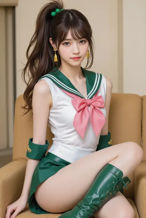photorealistic cosplay photo, Japanese gravure style,
a tall and athletic Japanese idol-style young woman cosplaying as Sailor Jupiter from Sailor Moon,
bust-up or three-quarter portrait,
long brown hair tied in a high ponytail with green bobbles, bangs...