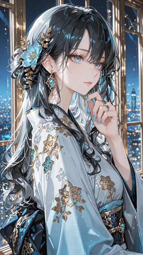 solo girl, (blue gray eyes), (black long hair), (blue gradient highlight), Wavy Curl, One-sided knitting, gem earrings, flower hair accessory peeking through the gaps in her hair , ring, Blue Nail Polish, cool expression, Kimono, Long sleeves unfold, Intr...
