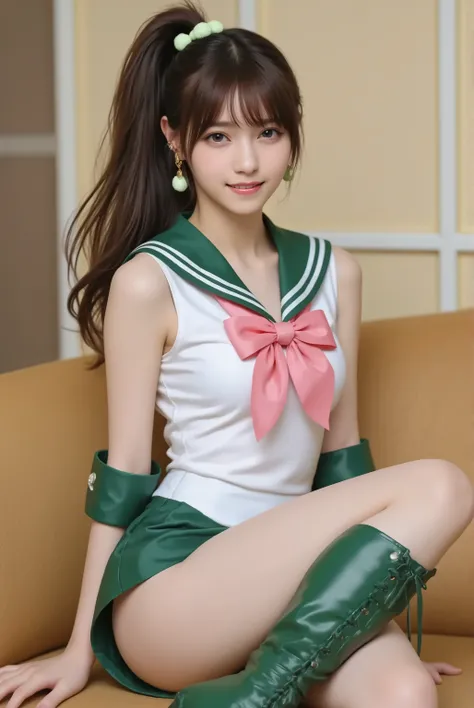 photorealistic cosplay photo, Japanese gravure style,
a tall and athletic Japanese idol-style young woman cosplaying as Sailor Jupiter from Sailor Moon,
bust-up or three-quarter portrait,
long brown hair tied in a high ponytail with green bobbles, bangs...
