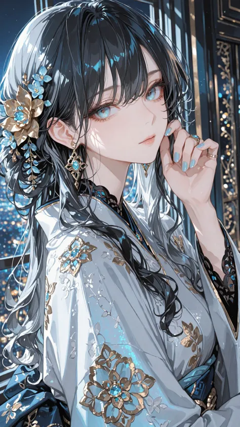 solo girl, (blue gray eyes), (black long hair), (blue gradient highlight), Wavy Curl, One-sided knitting, gem earrings, flower hair accessory peeking through the gaps in her hair , ring, Blue Nail Polish, cool expression, Kimono, Long sleeves unfold, Intr...