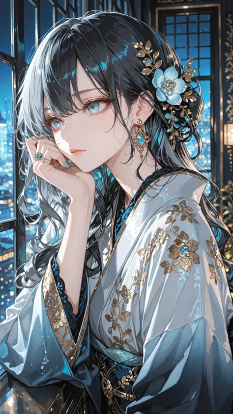 solo girl, (blue gray eyes), (black long hair), (blue gradient highlight), Wavy Curl, One-sided knitting, gem earrings, flower hair accessory peeking through the gaps in her hair , ring, Blue Nail Polish, cool expression, Kimono, Long sleeves unfold, Intr...
