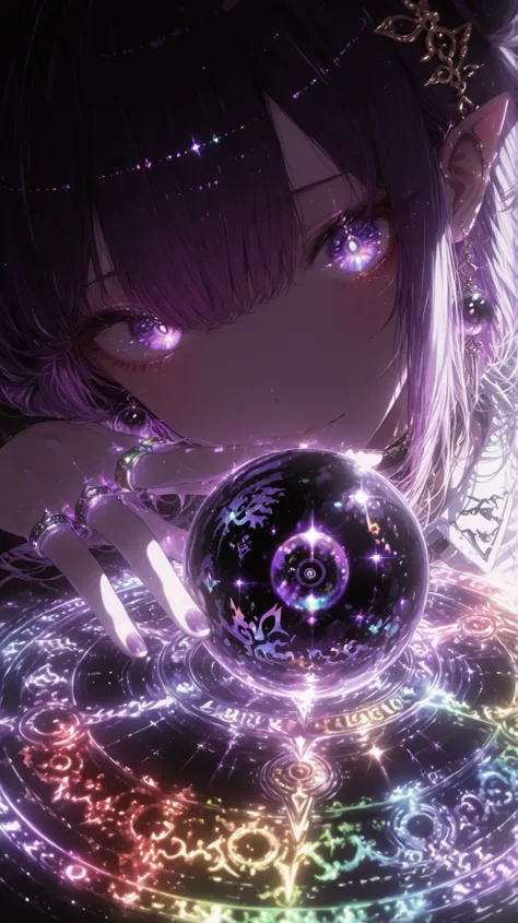 vector-style emblem, circular mandala with interlocking triangles and hexagons, center deep matte black orb with subtle purple core glow, outer rings of prismatic rainbow filaments and opalescent inlays, minimalist, high contrast, designed for engraving