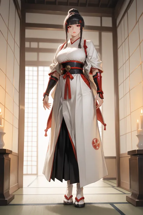 TKNKZMI, black hair, blunt bangs, red eyeshadow, sidelocks, hair ornament, hair bun, white kimono, arm guards, tabi, 1 girl, solo, full body view, beautiful face, anatomically accurate ratio, large breasts, (best quality, 4k, 8k, high resolution, masterpie...