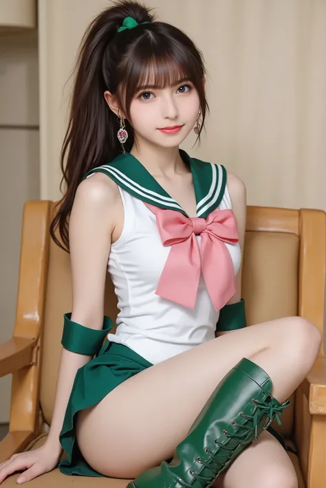 photorealistic cosplay photo, Japanese gravure style,
a tall and athletic Japanese idol-style young woman cosplaying as Sailor Jupiter from Sailor Moon,
bust-up or three-quarter portrait,
long brown hair tied in a high ponytail with green bobbles, bangs...
