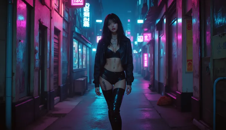 A young Asian woman, , } slightly left of center in a narrow alley, ist der Mittelpunkt.  She wears a dark, a leather-like jacket over a transparent top and matching leather-look bottoms and thigh-high boots. Her hair is long and dark,  and her facial expr...